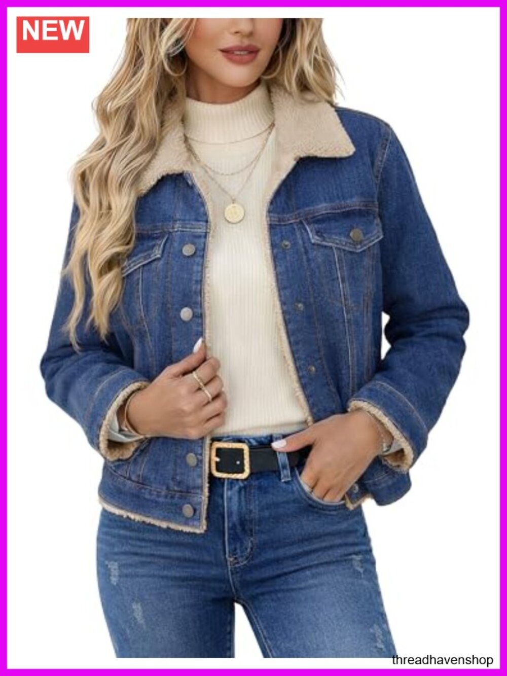 Sherpa Lined Denim Jacket Fleece Jean Coat Fur Collar Button Down Trucker
